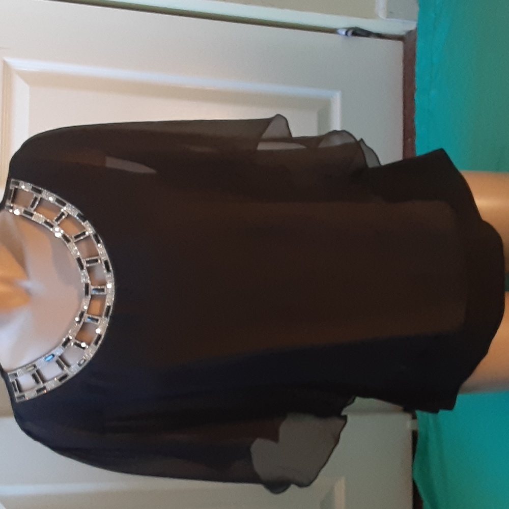 Blu:m black jeweled neckline, sheer overlay. 1x